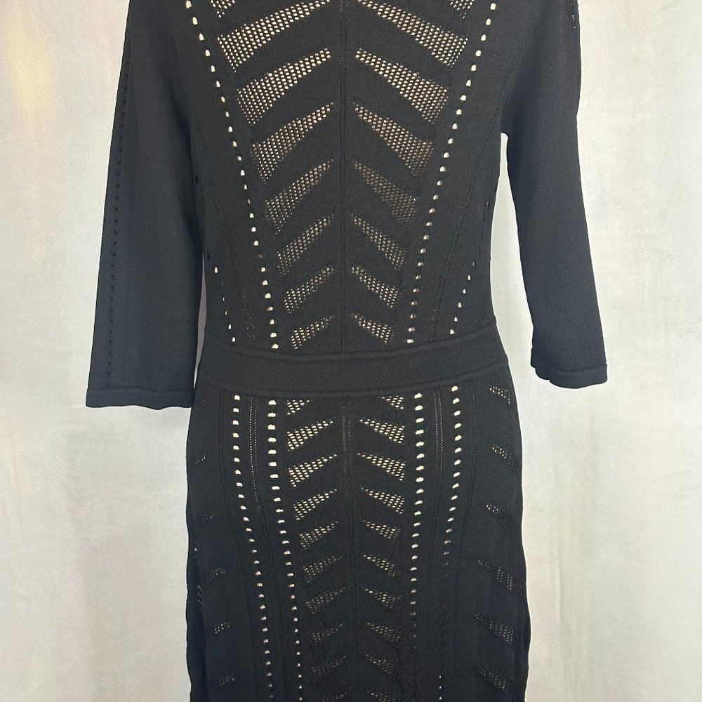 Calvin Klein black knit bodycon fishnet cocktail dress with 3/4 sleeves